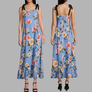 GB Floral Print Grosgrain Tie Maxi Dress Sz Xl Blue Floral Lined Brunch